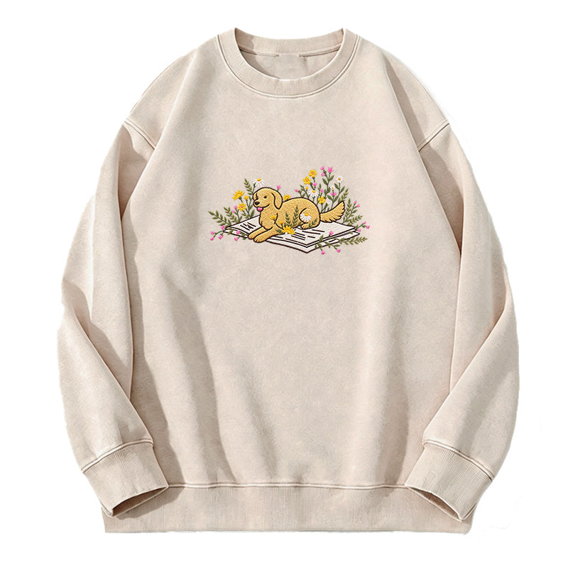 Embroidered Dog Lying On Book Washed Crewneck Sweatshirt