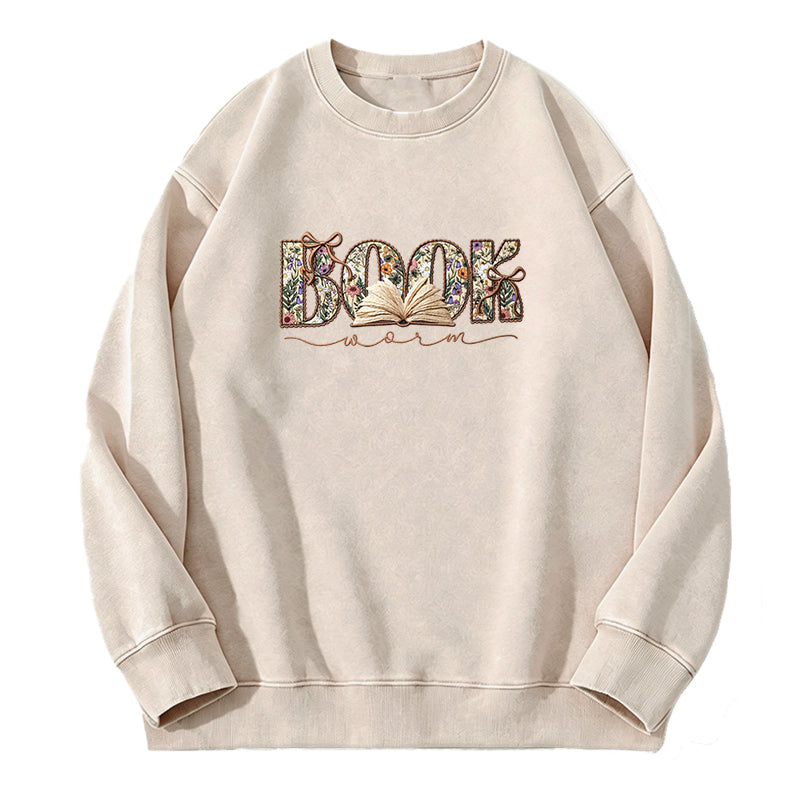 Embroidered Boho Wildflower Bookworm Washed Crewneck Sweatshirt