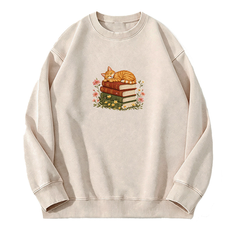 Embroidered Cat Sleeping On Books Washed Crewneck Sweatshirt