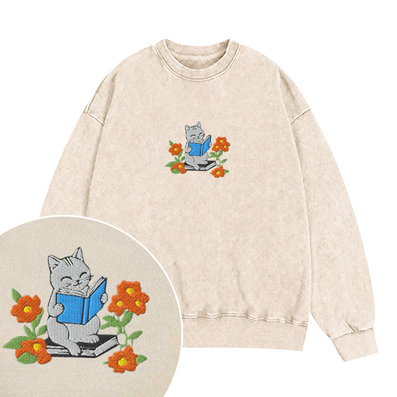 Embroidered Floral Bookish Cat Washed Crewneck Sweatshirt