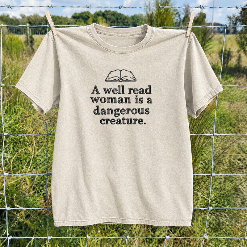 Embroidered A Well Read Woman Washed Crew Neck T-Shirt