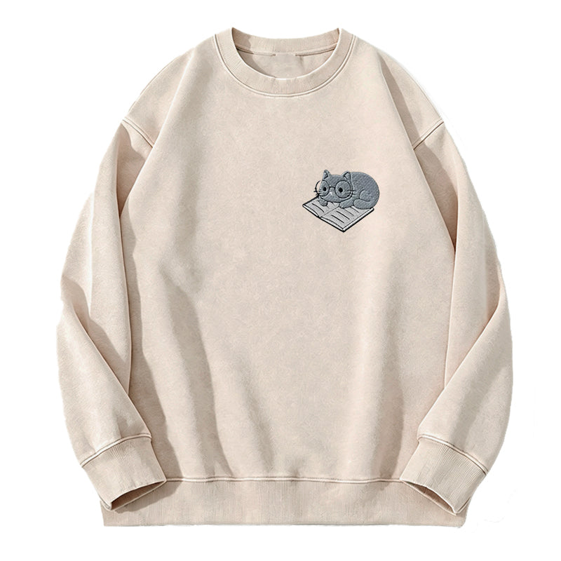Embroidered Cat On Book Washed Crewneck Sweatshirt