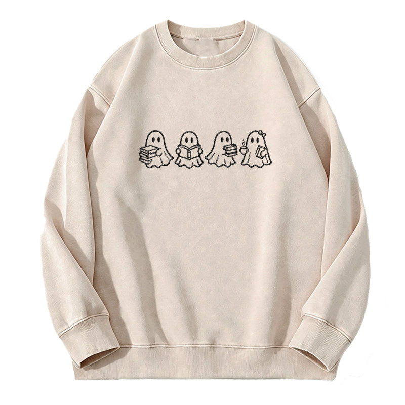Embroidered Bookish Ghosts Washed Crewneck Sweatshirt