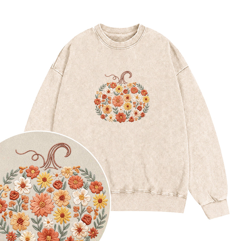Embroidered Floral Pumpkin Washed Crewneck Sweatshirt