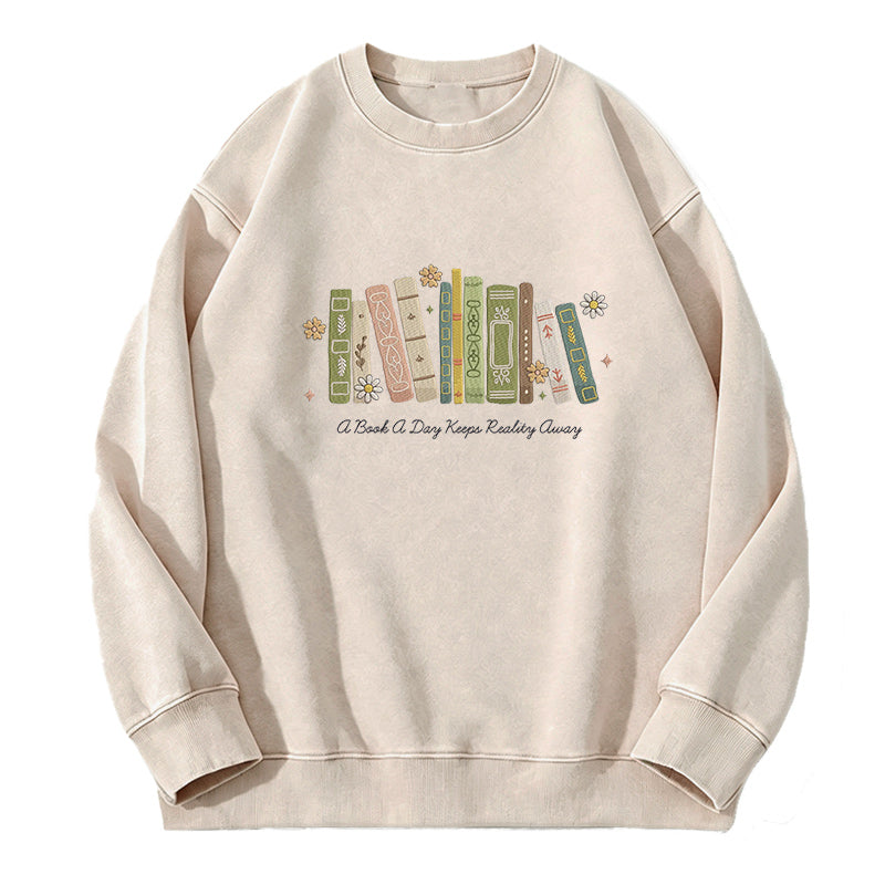Embroidered A Book A Day Washed Crewneck Sweatshirt