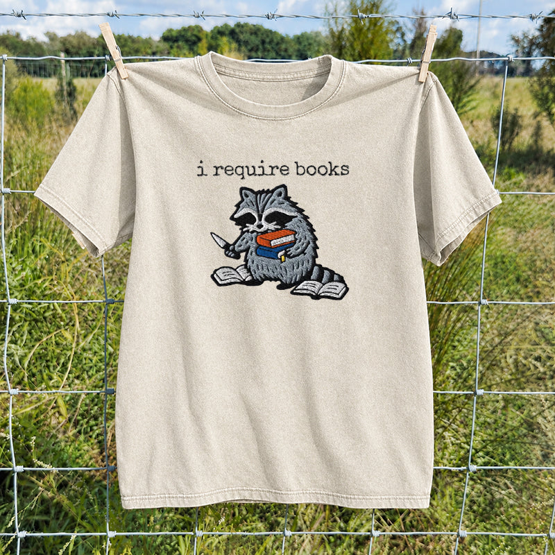 Embroidered I Require Books Washed Crew Neck T-Shirt