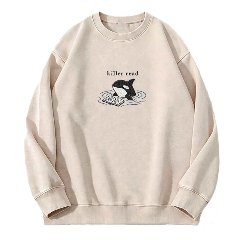Embroidered Killer Read Orca Washed Crewneck Sweatshirt