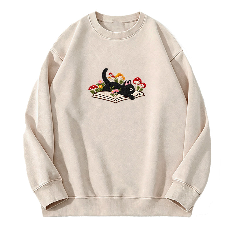 Embroidered Black Cat Mushroom Book Washed Crewneck Sweatshirt