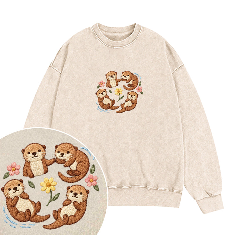 Embroidered Sea Otters And Flowers Washed Crewneck Sweatshirt