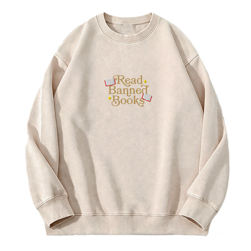 Embroidered Read Banned Books Washed Crewneck Sweatshirt