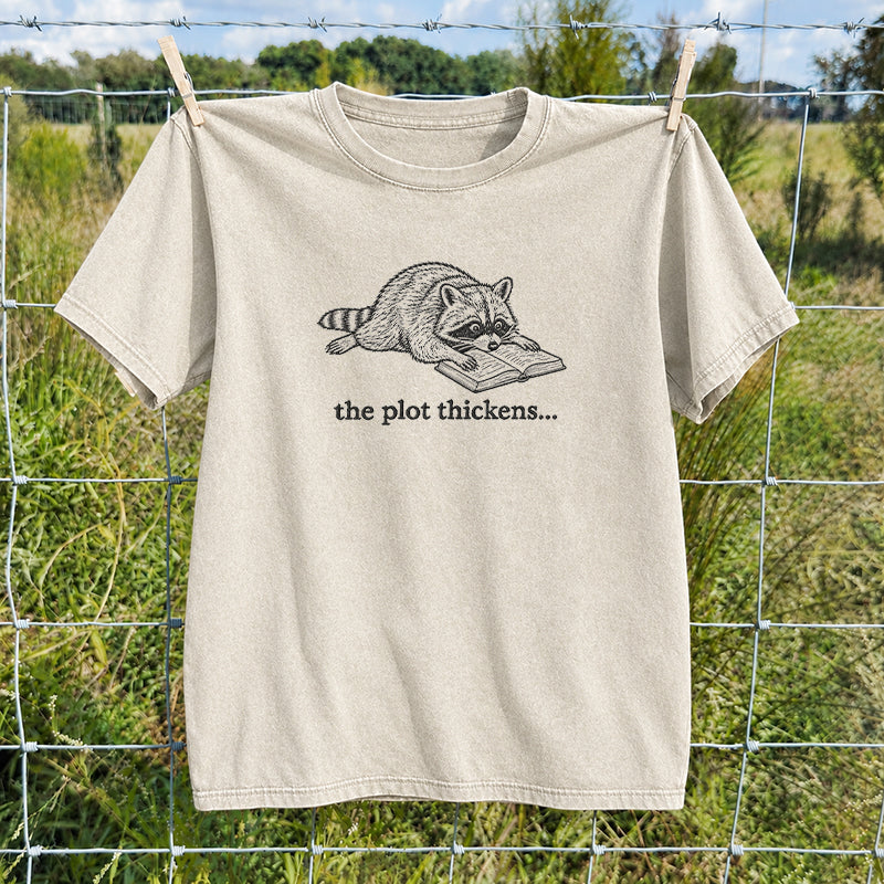 Embroidered The Plot Thickens Reading Raccoon Washed Crew Neck T-Shirt