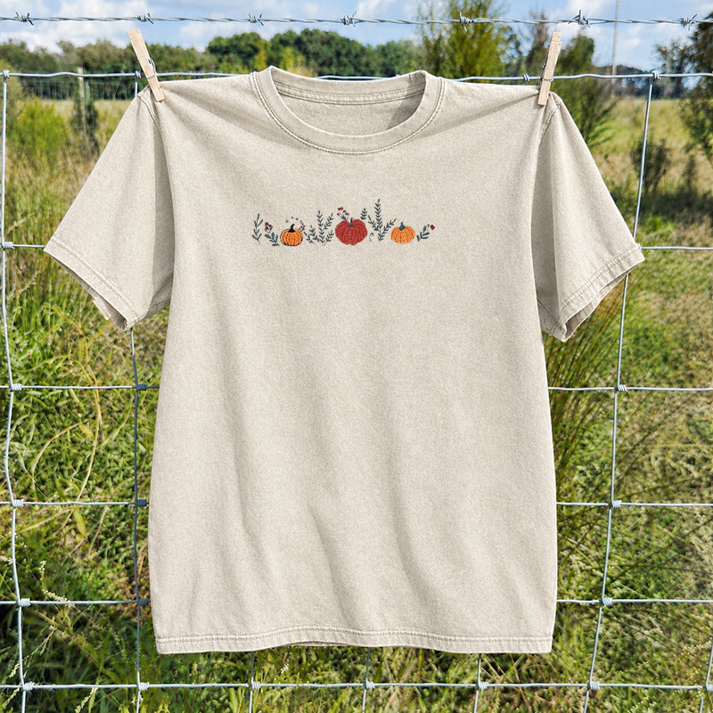 Embroidered Fall Enchanted Pumpkins Washed Crew Neck T-Shirt