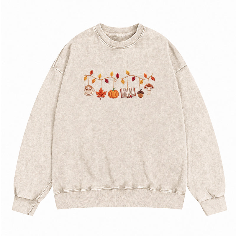 Embroidered Coffee Books Pumpkin Mushroom Washed Crewneck Sweatshirt