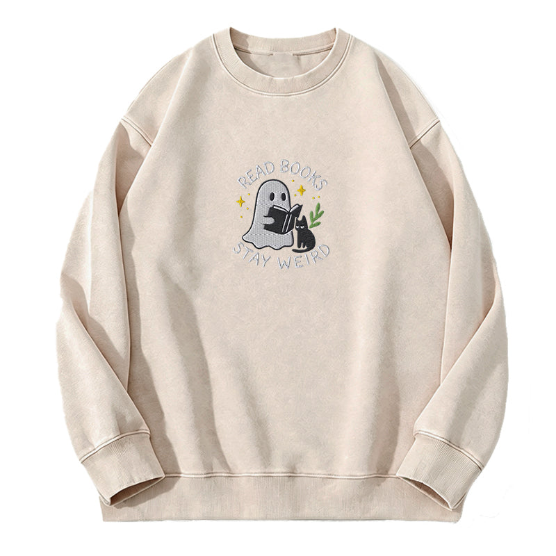 Embroidered Read Books Stay Weird Ghost Washed Crewneck Sweatshirt