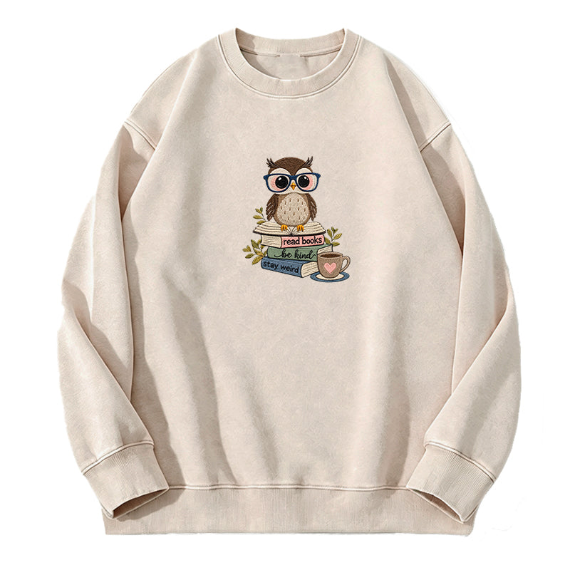 Embroidered Read Books Be Kind Owl Washed Crewneck Sweatshirt