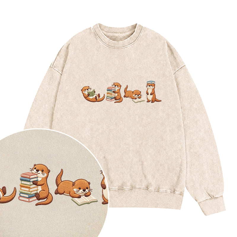 Embroidered Otter Reading Book Washed Crewneck Sweatshirt