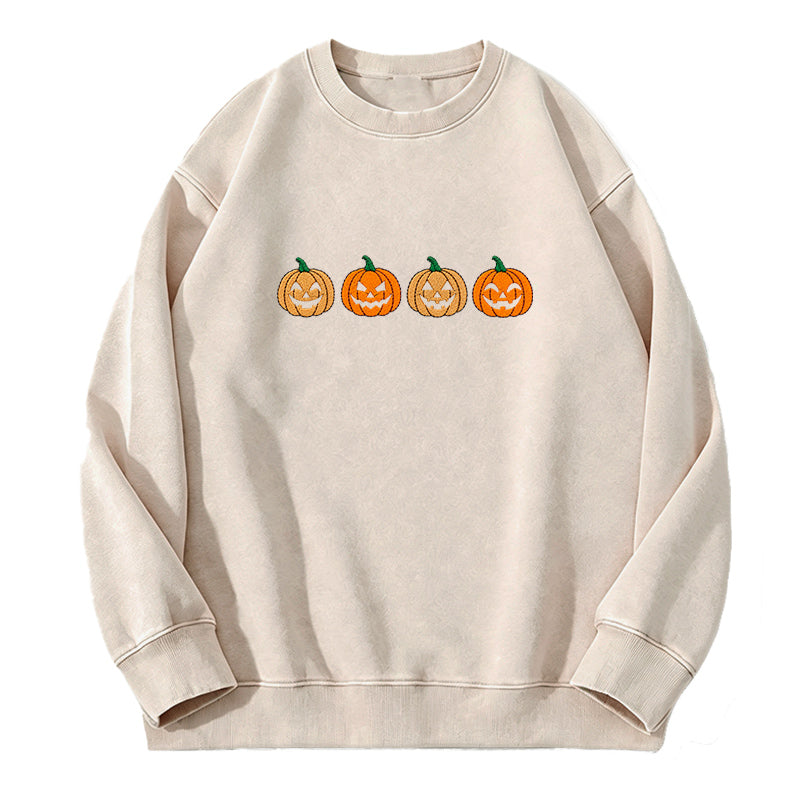 Embroidered Halloween Pumpkins Washed Crewneck Sweatshirt