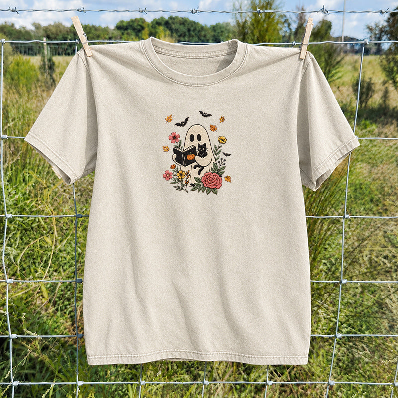 Embroidered Floral Ghost Reading Washed Crew Neck T-Shirt