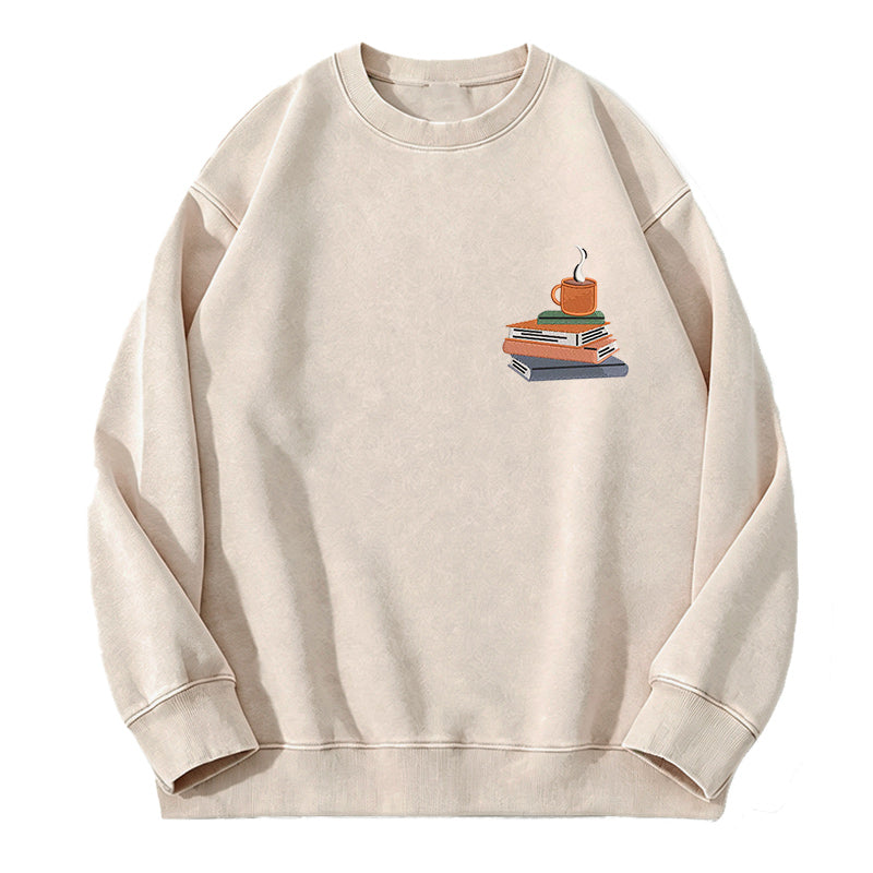 Embroidered Book And Coffee Washed Crewneck Sweatshirt