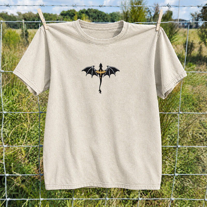 Embroidered Fantasy Book Dragon Washed Crew Neck T-Shirt