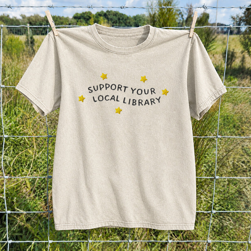 Embroidered Support Your Local Library Washed Crew Neck T-Shirt
