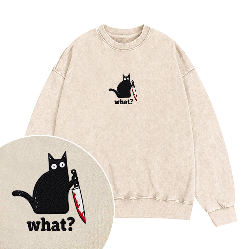 Embroidered Black Cat What Washed Crewneck Sweatshirt