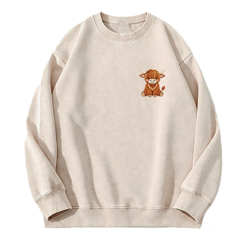Embroidered Highland Cow Washed Crewneck Sweatshirt