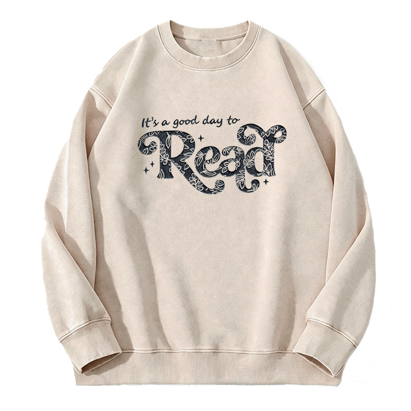 Embroidered Floral A Good Day To Read Washed Crewneck Sweatshirt