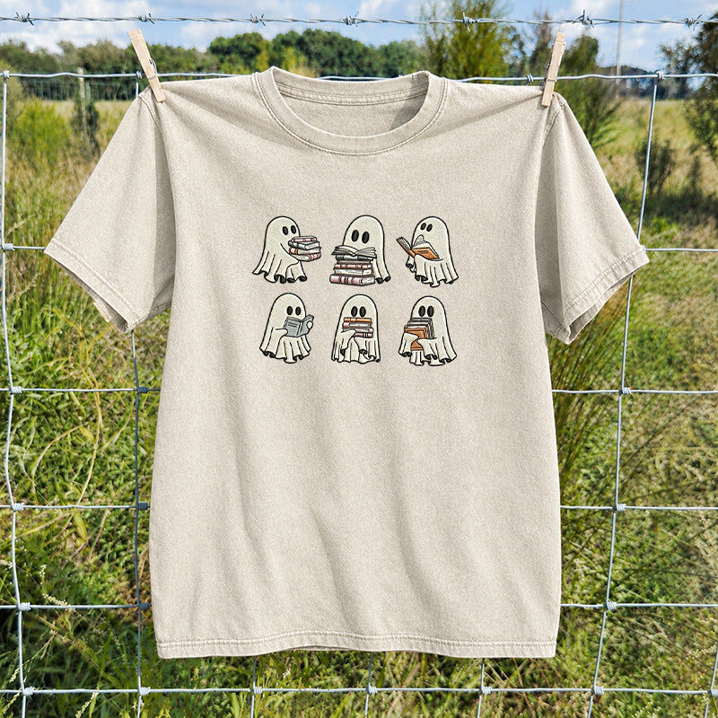 Embroidered Halloween Ghost Book Washed Crew Neck T-Shirt
