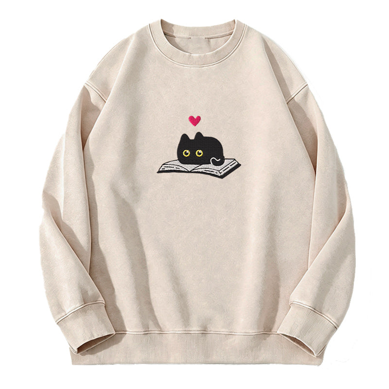 Embroidered Black Cat And Book Washed Crewneck Sweatshirt