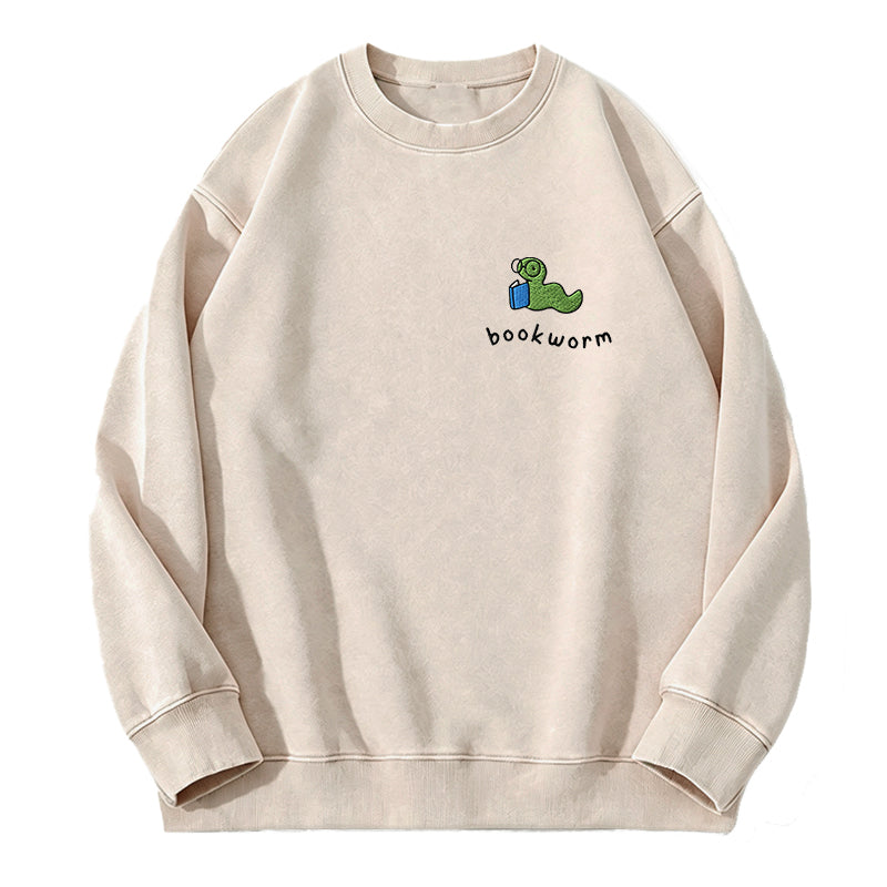 Embroidered Bookworm Washed Crewneck Sweatshirt