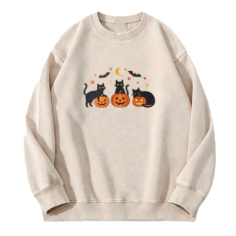Embroidered Black Cat Pumpkins Washed Crewneck Sweatshirt