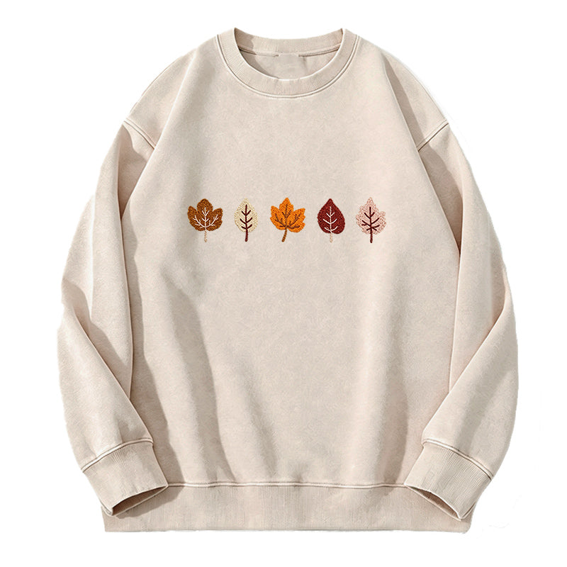Embroidered Fall Leaves Washed Crewneck Sweatshirt