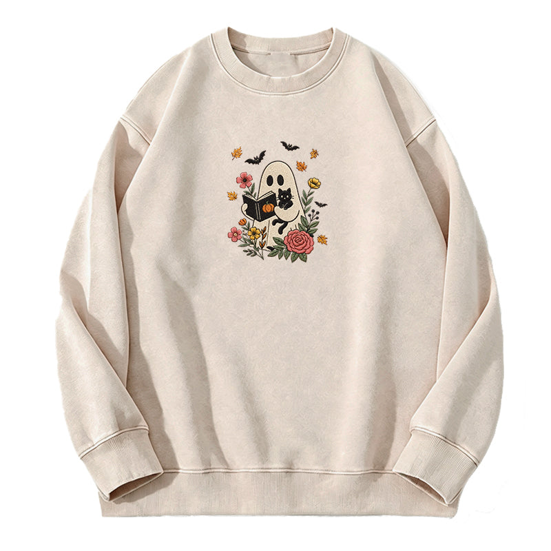 Embroidered Floral Ghost Reading Book Washed Crewneck Sweatshirt