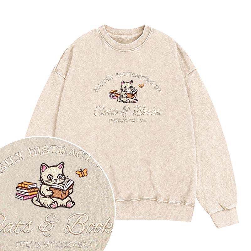 Embroidered Distracted By Cats and Books Washed Crewneck Sweatshirt