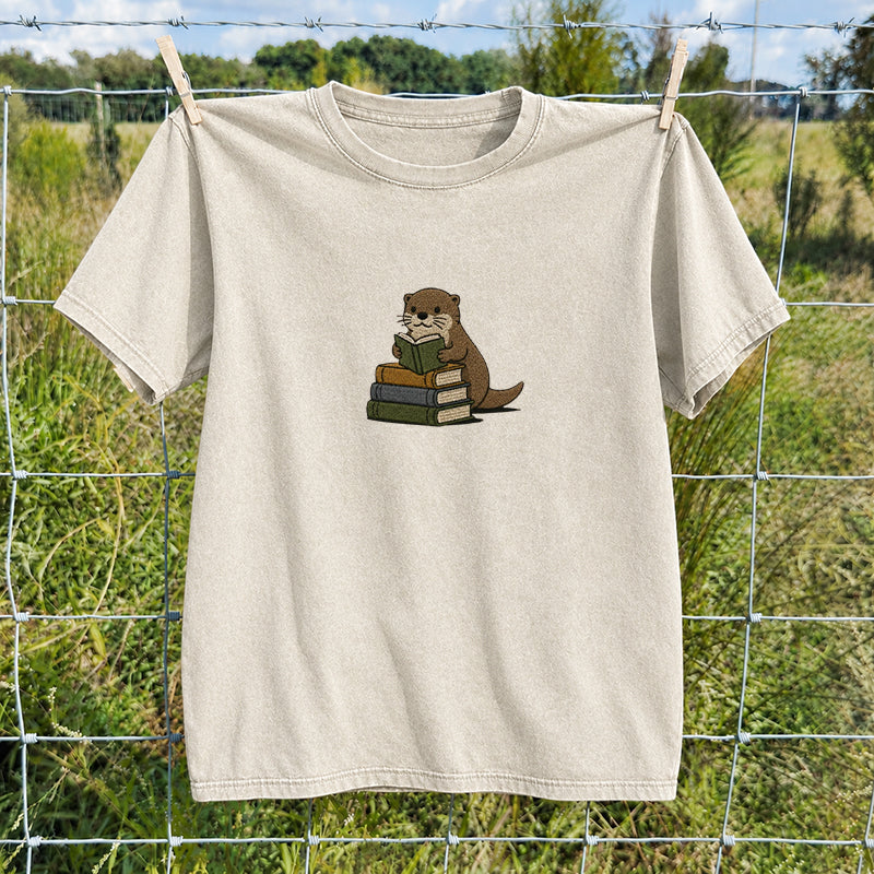 Embroidered Reading Otter Washed Crew Neck T-Shirt