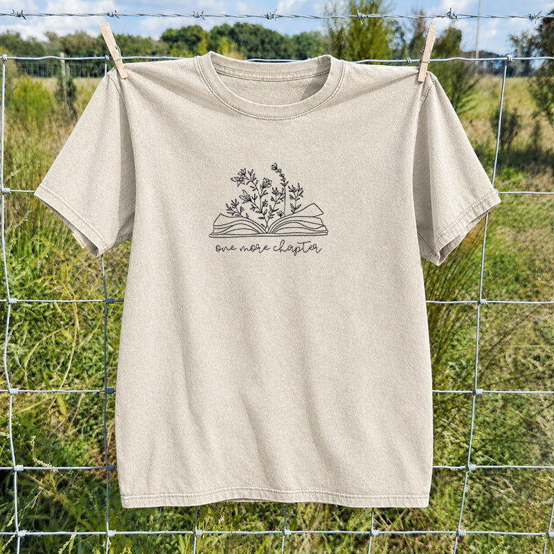 Embroidered One More Chapter Floral Book Washed Crew Neck T-Shirt