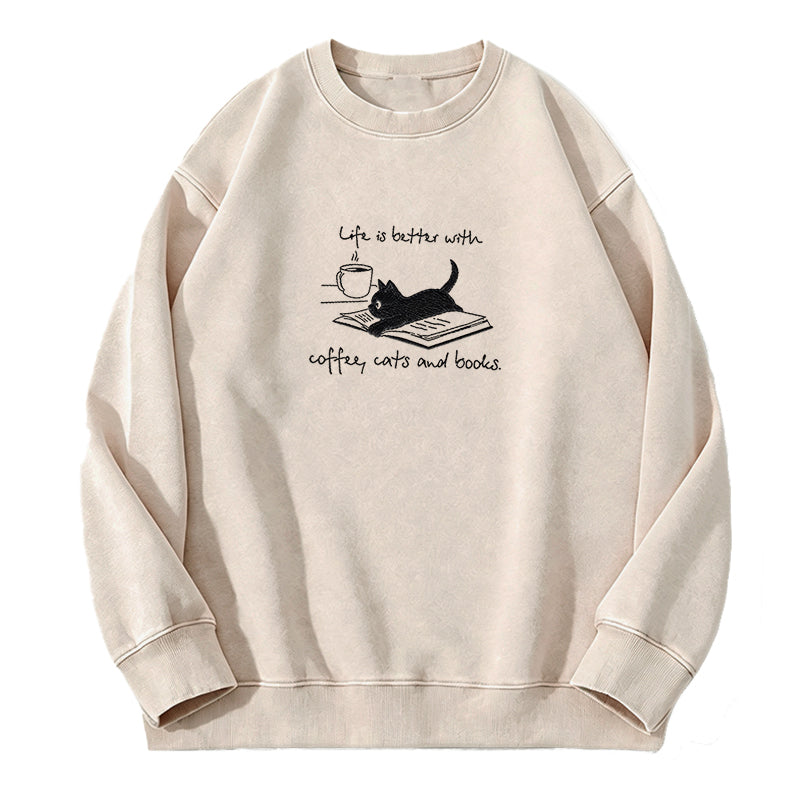 Embroidered Life Is Better With Coffee Book Cat Washed Crewneck Sweatshirt