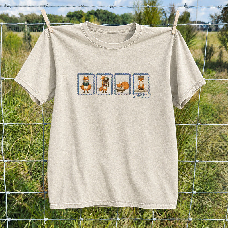 Embroidered Fox Reading Washed Crew Neck T-Shirt