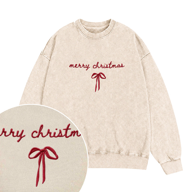 Embroidered Merry Christmas Bow Washed Crewneck Sweatshirt