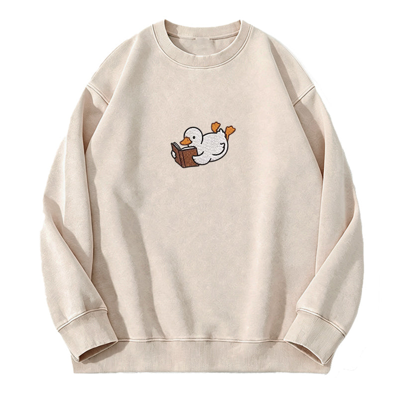 Embroidered Reading Duck Washed Crewneck Sweatshirt