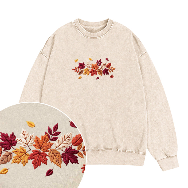 Embroidered Cozy Autumn Leaves Washed Crewneck Sweatshirt