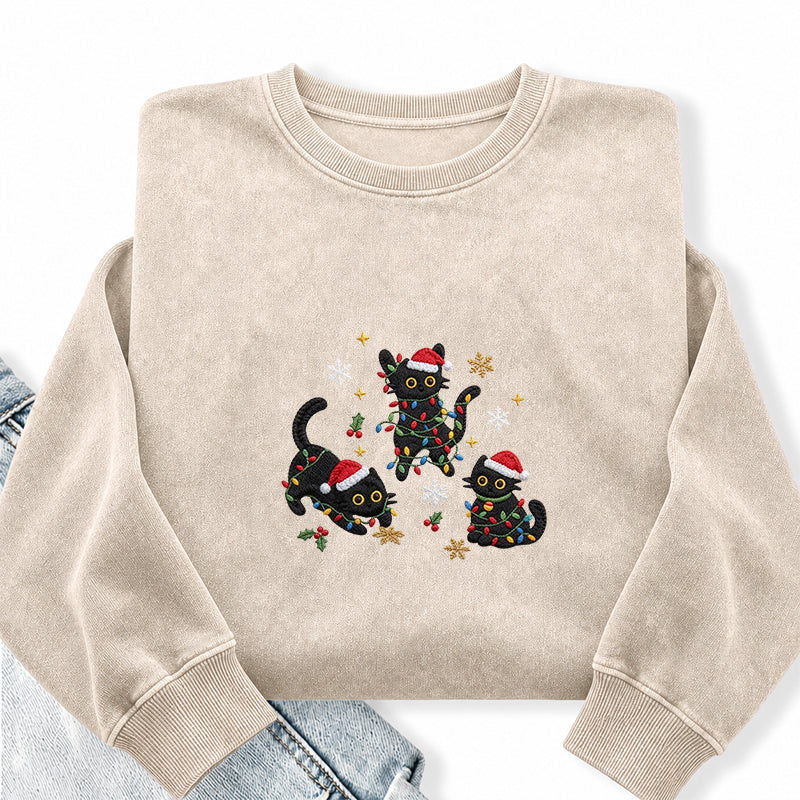 Embroidered Black Cat Christmas Washed Crewneck Sweatshirt