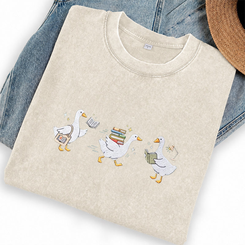 Embroidered Goose Reading Books Washed Crew Neck T-Shirt