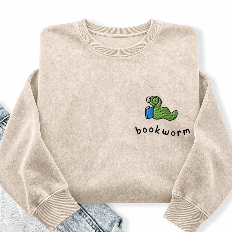 Embroidered Bookworm Washed Crewneck Sweatshirt