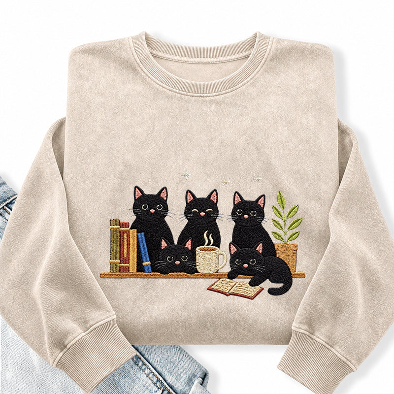 Embroidered Black Cat On Bookshelf Washed Crewneck Sweatshirt