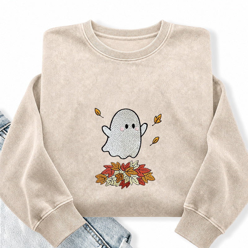 Embroidered Fall Ghost Washed Crewneck Sweatshirt