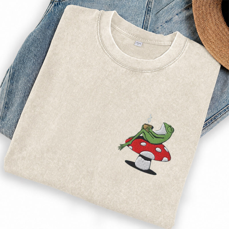 Embroidered Frog Coffee Time Washed Crew Neck T-Shirt