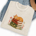 Embroidered Sleeping Cat On Books Washed Crew Neck T-Shirt