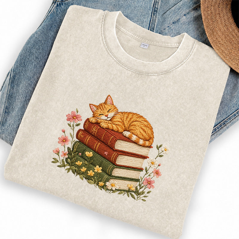 Embroidered Sleeping Cat On Books Washed Crew Neck T-Shirt